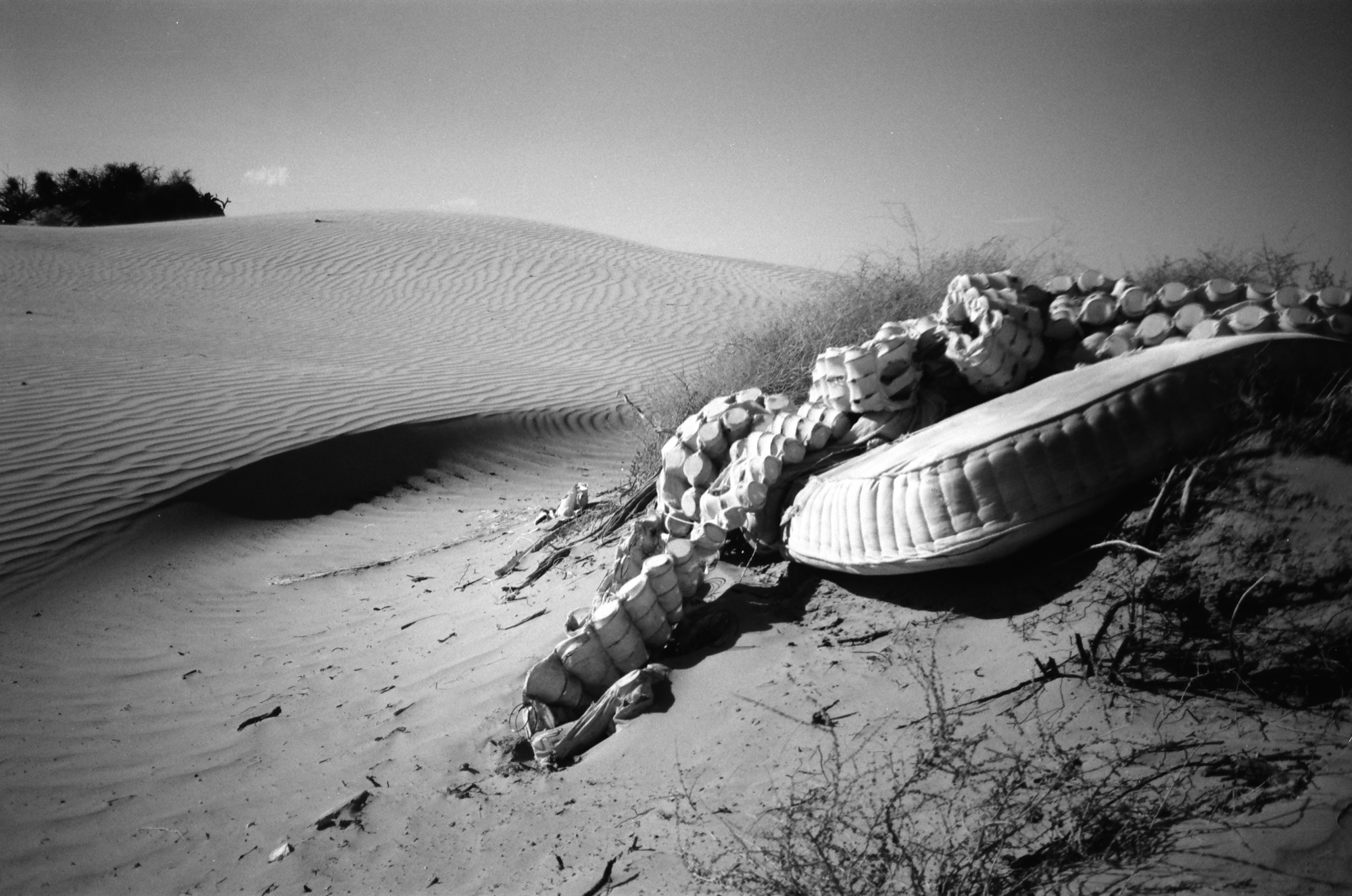 Egg-carton sculpture half-buried in sand dunes, B&W.